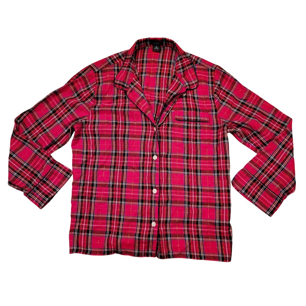 J Crew M Pajama Top Metallic Button Down Red STEWART PLAID PJs Holiday Christmas